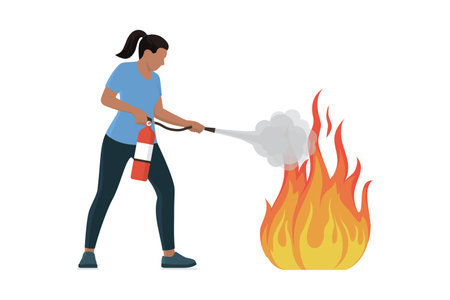 Woman using a fire extinguisher, she is pointing the nozzle towards fire and sprayingのイラスト素材