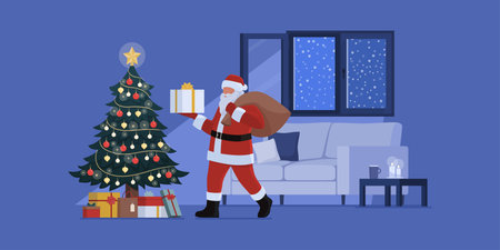Happy Santa Claus delivering gifts at home, he is walking in a living room at night and holding a Christmas presentのイラスト素材