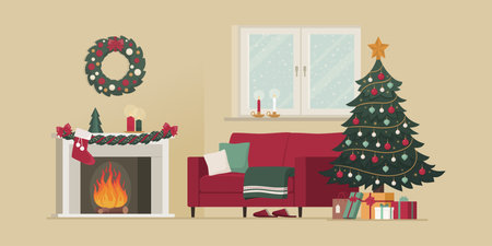 Living room interior with Christmas decorations and gifts, home interior design and lifestyle conceptのイラスト素材