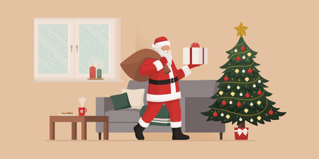 Happy Santa Claus delivering gifts at home, he is walking in a living room and holding a Christmas presentのイラスト素材