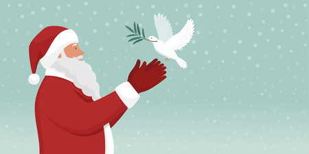 Santa Claus and dove with an olive branch: Christmas and peace conceptのイラスト素材