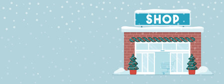 Shop with Christmas decorations under the snow, holiday sale concept, banner with copy spaceのイラスト素材