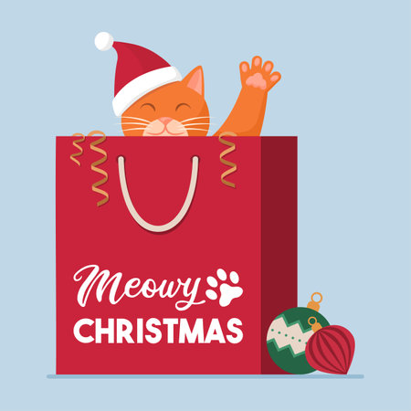Happy cat hiding inside a shopping bag and waving his paw, Christmas and pets conceptのイラスト素材