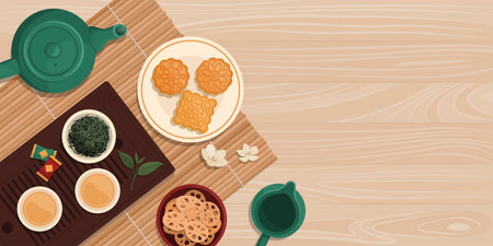 Healthy Chinese green tea, tea set and traditional sweets, healthy lifestyle and cultures concept, top viewのイラスト素材