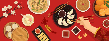 Chinese New Year celebration with traditional food and decorations, a woman is eating using a chopstick, top viewのイラスト素材