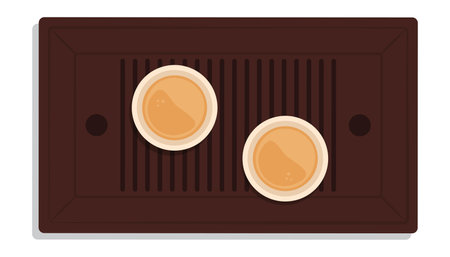 Traditional Chinese tea set: wooden tray and cups filled with hot tea, isolatedのイラスト素材