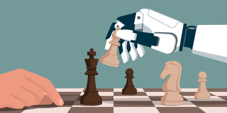 Human and robot playing chess together: the robot is checking the opponentのイラスト素材
