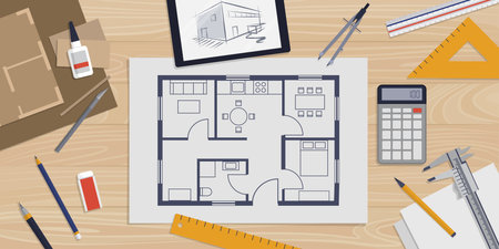 Architect desk with house project, tools and supplies: home renovation, construction and engineering conceptのイラスト素材