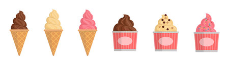 Set of delicious ice creams in cones and cups, different flavors, isolatedのイラスト素材