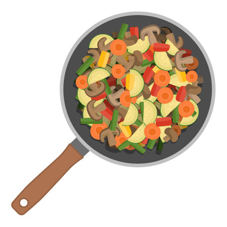 Chopped healthy vegetables in a frying pan top view, isolatedのイラスト素材
