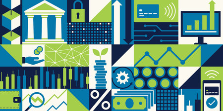 Finance, business and technology conceptual geometric banner background with iconsのイラスト素材