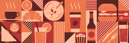 Food and drinks at the cafe conceptual geometric background banner with iconsのイラスト素材