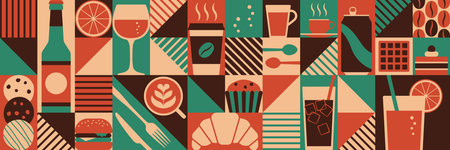 Food and drinks at the cafe conceptual geometric background banner with iconsのイラスト素材
