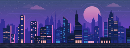 Futuristic vaporwave city skyline background at night with perspective grid