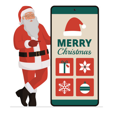 Happy Santa Claus pointing at a big smartphone with Christmas wishes on the displayのイラスト素材