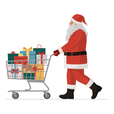 Happy Santa Claus pushing a shopping cart full of Christmas gifts, shopping and holidays concept, isolated on white backgroundのイラスト素材