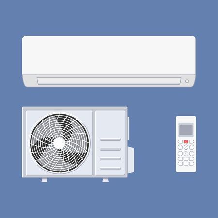 AC split system: indoor unit, outdoor unit and remote controlのイラスト素材