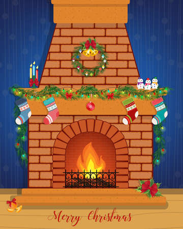 Christmas card with a decorated fireplace. Happy New Year.のイラスト素材