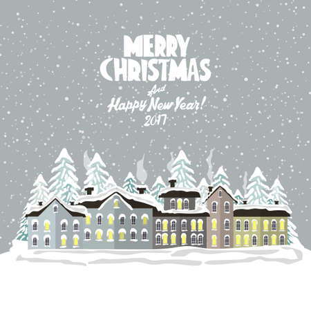 Merry christmas card with house. Vector illustration. Happy new yearのイラスト素材