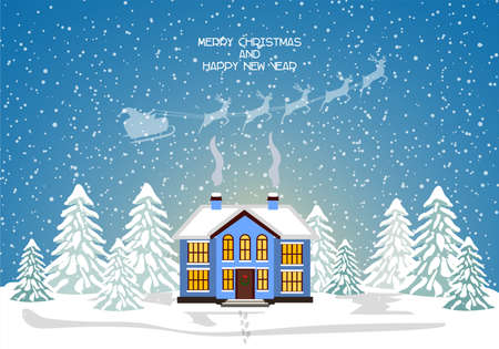 Merry christmas card with house. Vector illustration. Happy new yearのイラスト素材