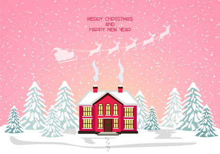 Merry christmas card with house. Vector illustration. Happy new yearのイラスト素材
