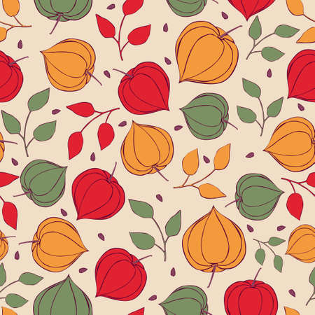 Seamless background physalis flowers. Pattern of bright colors.のイラスト素材