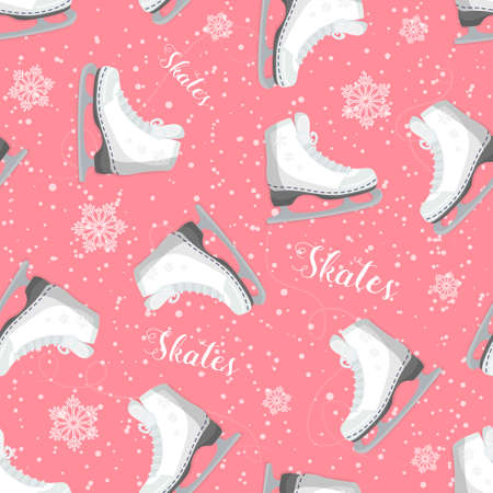 Seamless background with curly skates on the ice. With snowflakes. Pattern of bright colors.のイラスト素材