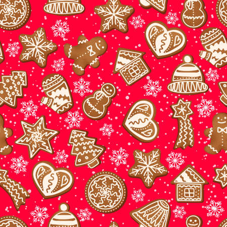 Christmas seamless pattern of snowflakes and gingerbread cookies.のイラスト素材