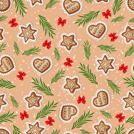 Seamless pattern of ginger cookies, bows and fir branches.のイラスト素材