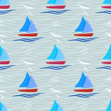 Ships at sea. The pattern is decorated with waves and seagulls.のイラスト素材
