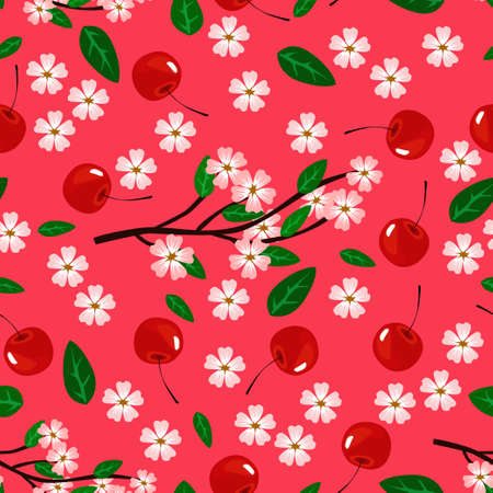 Seamless background with berries and cherry blossom. Pattern.のイラスト素材
