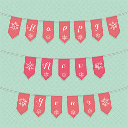 A set of hanging flags cut from paper, in gentle tones. Happy new year.のイラスト素材