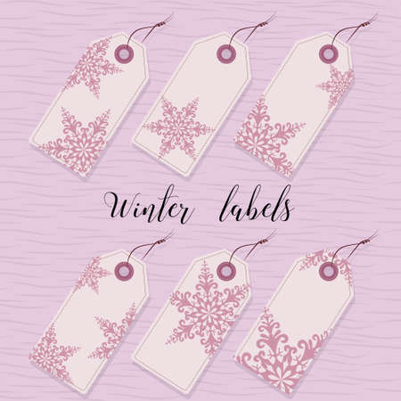 Winter labels. Six paper labels for gifts. Decorated twisted snowflakes.のイラスト素材