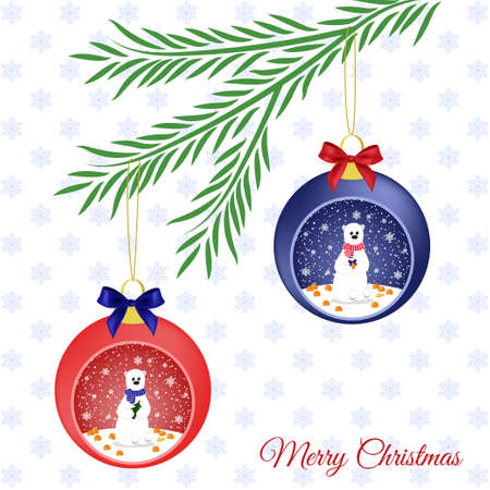Christmas card decorated with balls, with white bears, on the branch tree.のイラスト素材