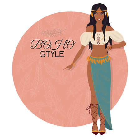 Young beautiful woman. Boho style fashion girl. Vector illustration.のイラスト素材