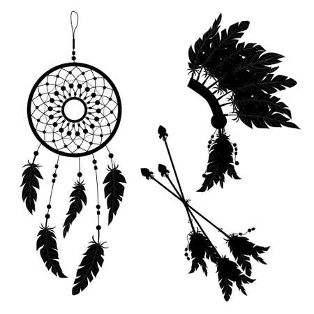 Dream catcher and Indian feather headdress. Three darts decorated with feathers. Silhouette.のイラスト素材