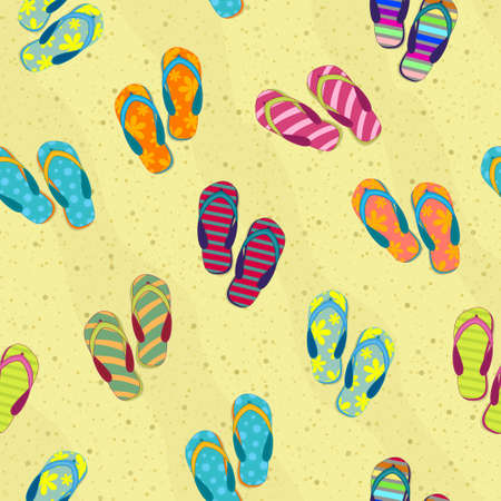 Seamless background with beach slippers on the sand. Summer pattern.のイラスト素材