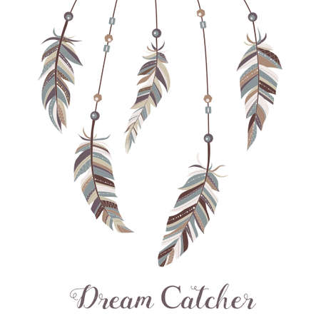 Drawn feathers decorated with beads on strings.のイラスト素材