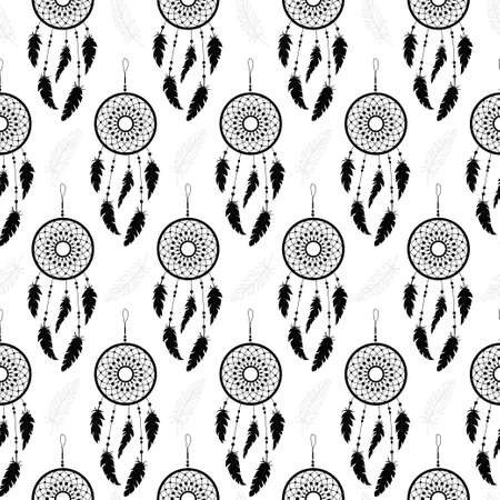 Seamless background of white feathers and dream catchers on a colored background. Pattern.のイラスト素材