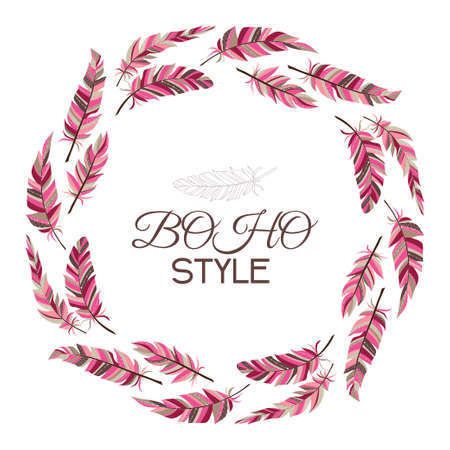 Boho style. Wreath of vintage feathers on a white background.のイラスト素材