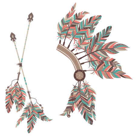 Headdress Indians and two arrows with feathers on a white background.のイラスト素材