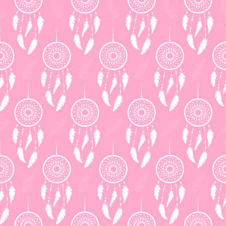 Seamless background of white feathers and dream catchers on a colored background. Pattern.のイラスト素材