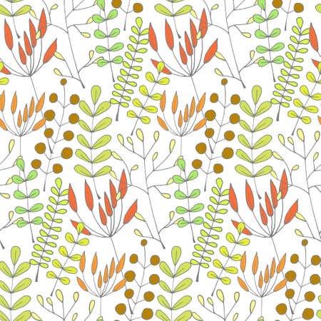 Seamless background with hand-drawn herbs of different colors. Pattern.のイラスト素材