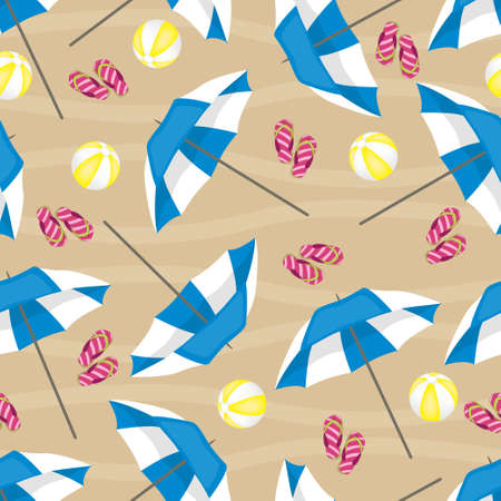 Beach seamless background. Umbrellas, balls and slippers. Pattern.のイラスト素材