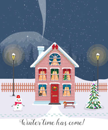 Winter time has come. Postcard with pretty houses in the snow. Decorated Christmas elements.のイラスト素材