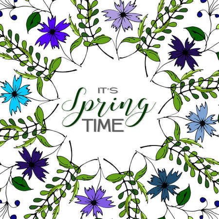 Drawn plants of different shapes. Wreath with flowers. Spring Time.のイラスト素材