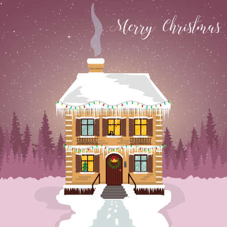 Winter night. Decorated house with garlands and icicles. Christmas card with a silhouette of the forest and the starry sky.のイラスト素材