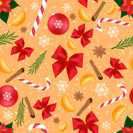 Christmas seamless background, decorated with bows, candy, snowflakes, spices, Christmas balls, fir branches and slices of mandarin.のイラスト素材