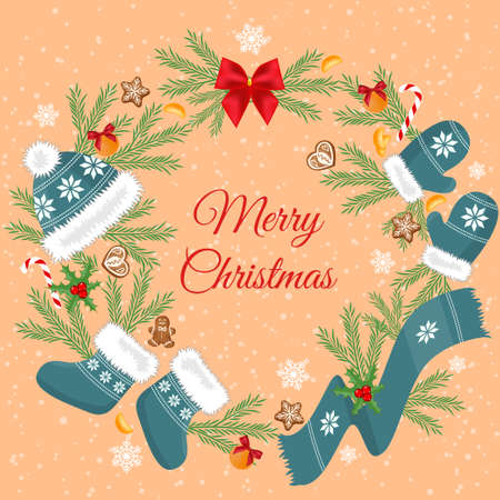 Christmas card with Christmas decorations. Hats, mittens, socks and a scarf. Decorated fir twigs, mandarins, gingerbread and snowflakes.のイラスト素材
