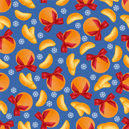 Seamless background mandarin with red ribbons and snowflakes.のイラスト素材